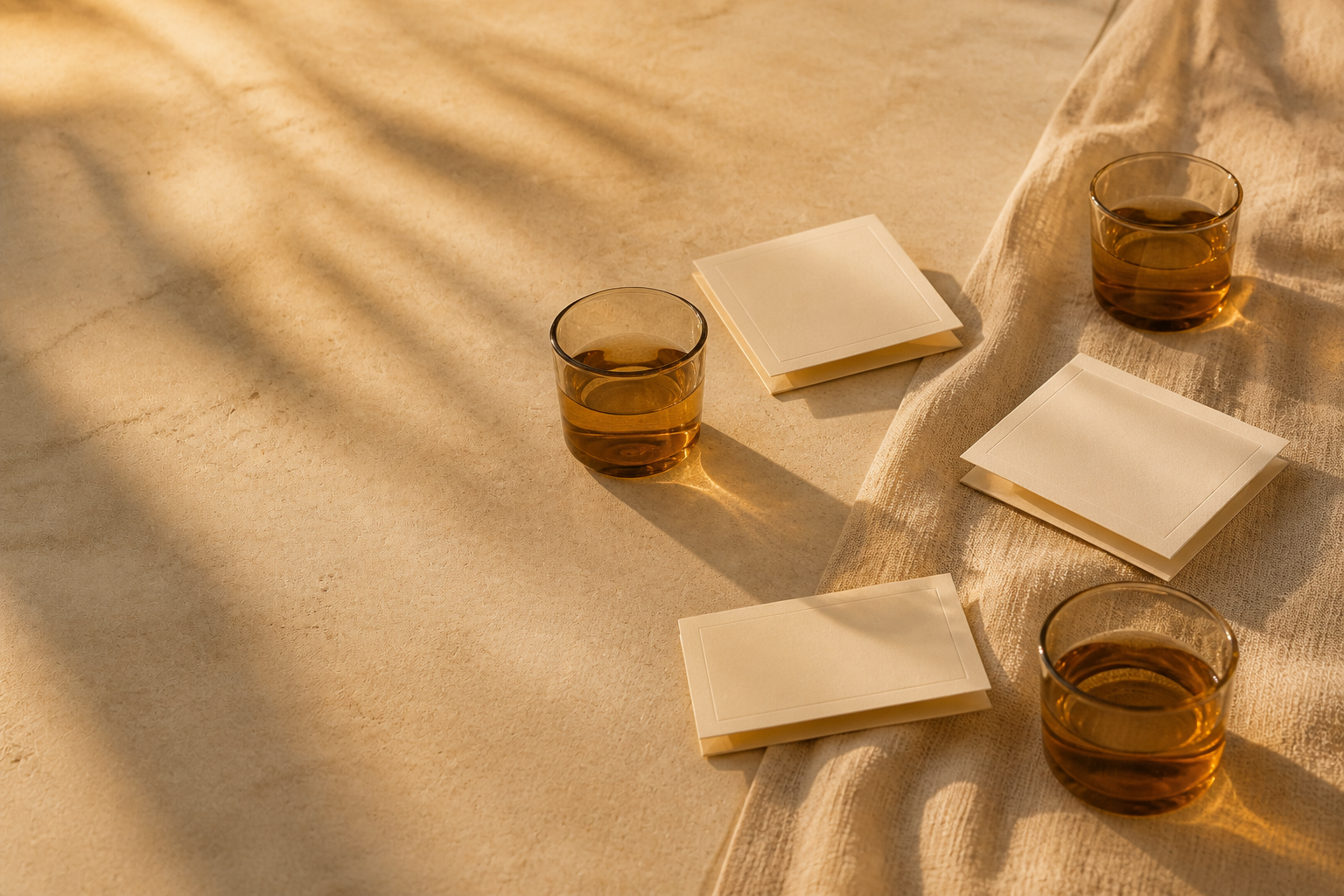 Sunlit correspondence cards and amber glasses arranged for an intimate gathering