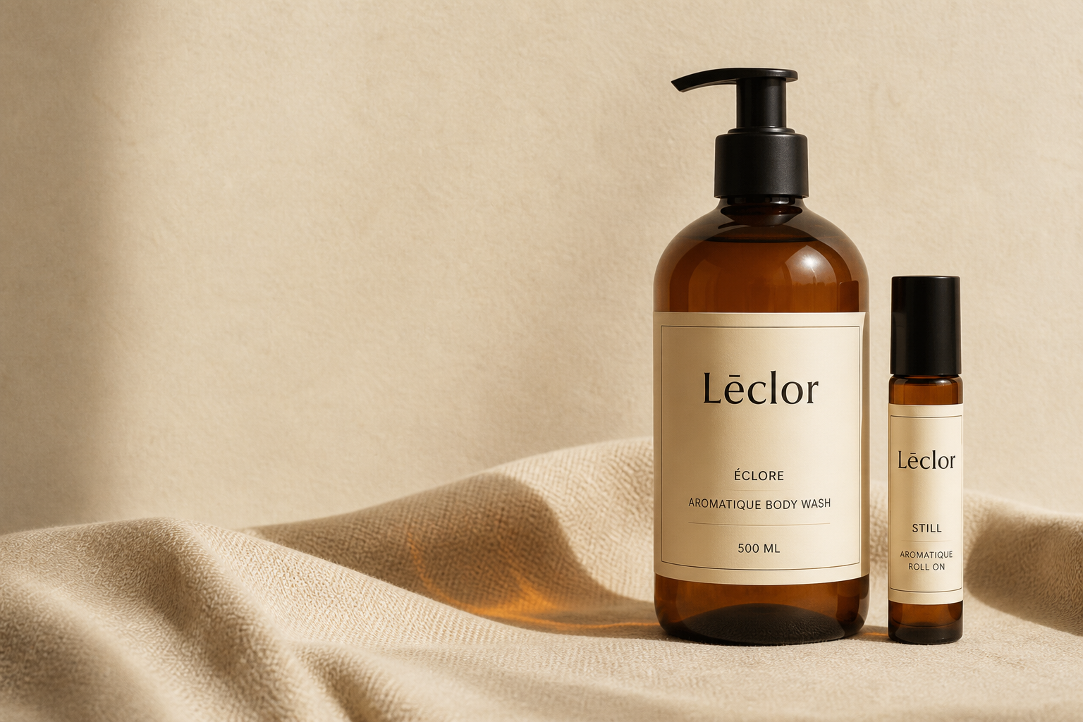 ÉCLORE body wash and Still aromatique roll on in amber glass