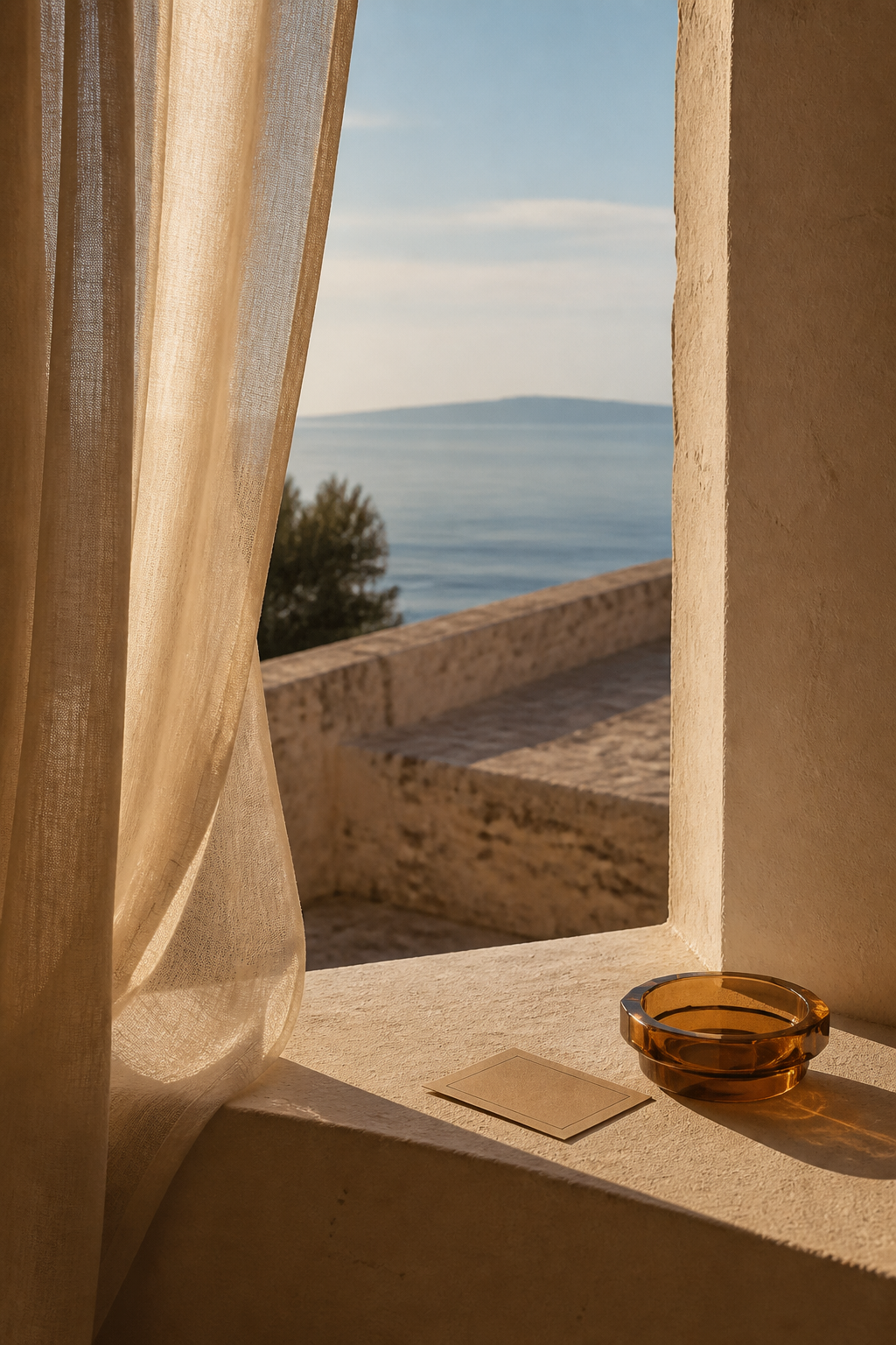 Sunlit linen curtains framing a quiet Mediterranean sea view